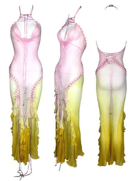 S/S 2004 Christian Dior by John Galliano Sheer Pink & Yellow Silk Hardcore Corset Maxi Dress