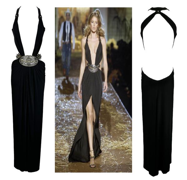 S/S 2006 Dsquared2 Runway Plunging Black Large Rodeo Western Cowboy Buckle High Slit Maxi Dress