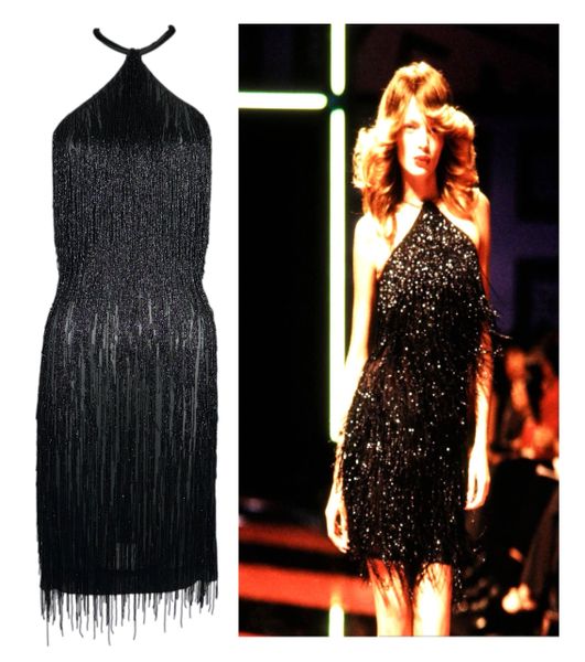 S/S 1998 Givenchy by Alexander McQueen Runway Sheer Black Silk Beaded Fringe Mini Dress