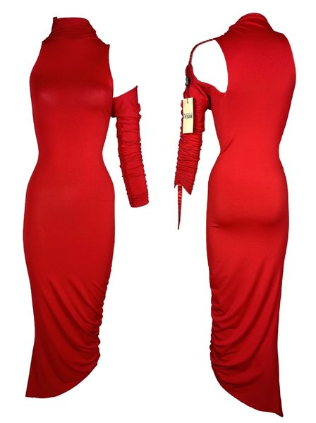 Unworn F/W 2001 Gianfranco Ferre Red Bodycon Ruched One Arm Wiggle Dress