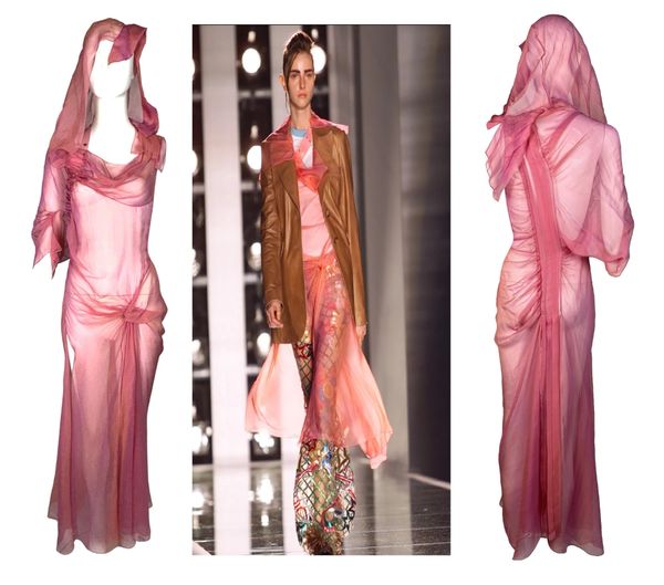 S/S 2002 Christian Dior by John Galliano Runway Sheer Golden Pink Hooded Silk Maxi Dress