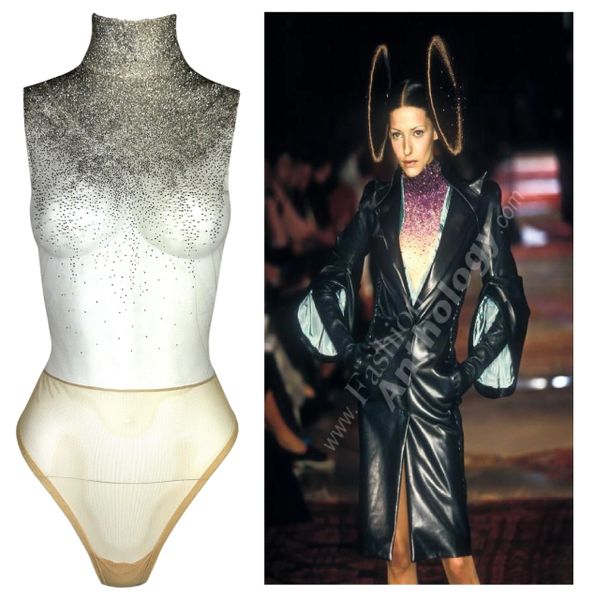 F/W 1997 Givenchy Haute Couture by Alexander McQueen Runway Sheer Nude Crystal Beaded Bodysuit Top