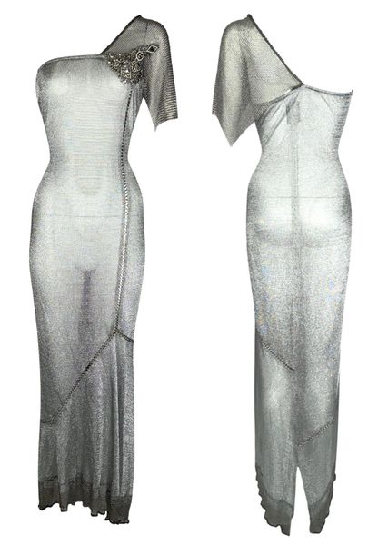 F/W 1998 Gianfranco Ferre Joan of Arc Chainmail Silver Knit Embellished Mermaid Gown Dress