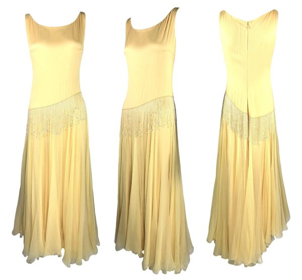 S/S 2000 Christian Dior by John Galliano Haute Couture Canary Yellow Silk 30's Style Drop Waist Beaded Fringe Maxi Dress