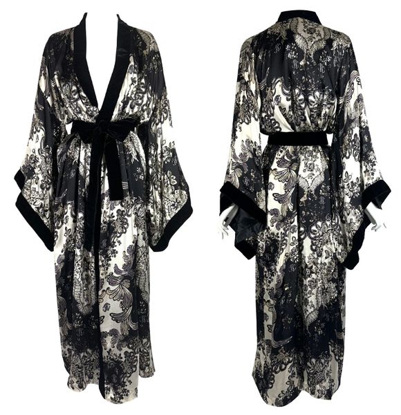 2007 Roberto Cavalli Black Ivory & Gold Silk & Velvet Kimono Jacket Robe