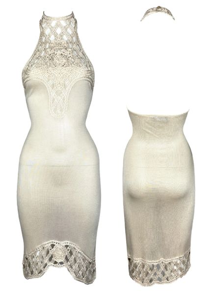 Vintage 1998 Givenchy by Alexander McQueen Sheer Cream Knit High Neck Sleeveless Bodycon Dress