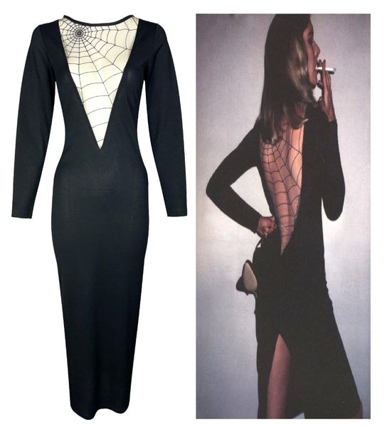 1983 Chantal Thomass Plunging Black Sheer Nude Mesh Spiderweb Maxi Dress