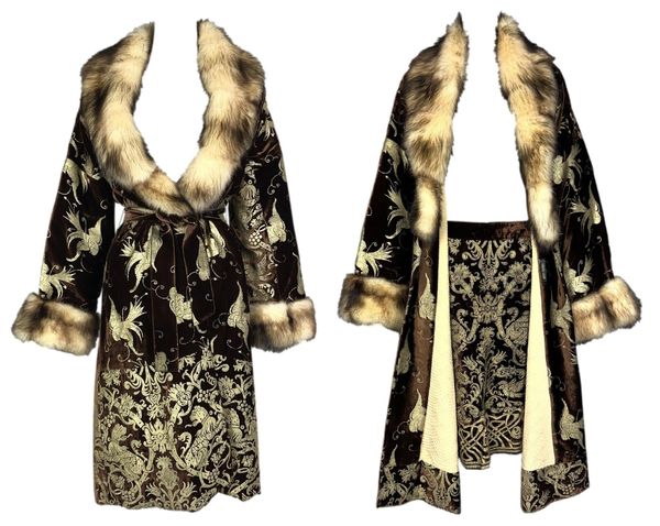 F/W 2006 Roberto Cavalli Gold Painted Brown Velvet w Kolinsky Polecat Fur Coat & Skirt Set