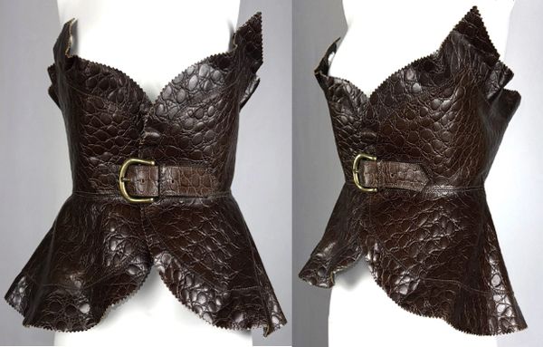 Vintage 1990's Laura Biagiotti Brown Crocodile Wasp Waist Pin-Up Corset Waist Belt