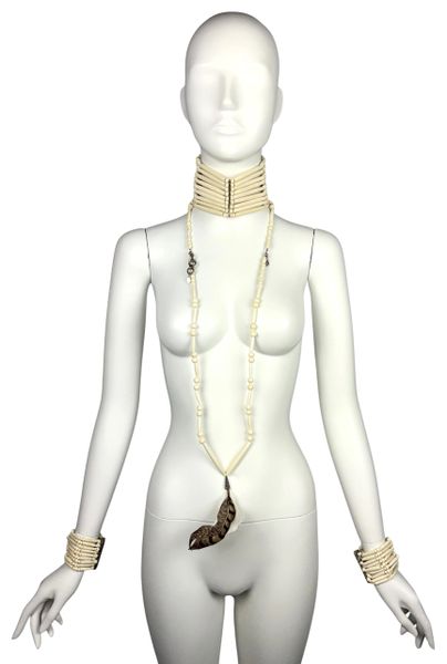 1998 Christian Dior by John Galliano Large Native American Bone Beaded Choker Feather Necklace & 2 Cuff Bracelets