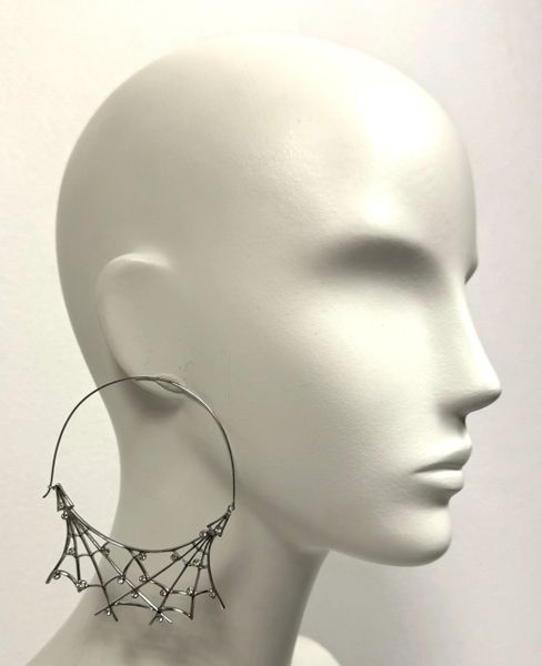 2000's Christian Dior by John Galliano Large Silver Spiderweb Hoop Earrings