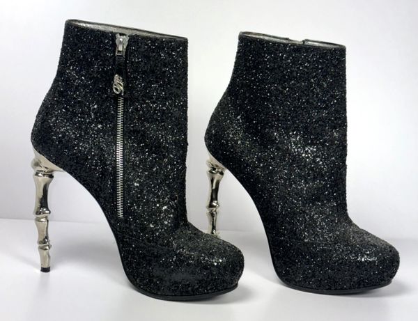 F/W 2010 Dsquared2 Runway Black Glitter Silver Spine High Heel Boots 39 8.5