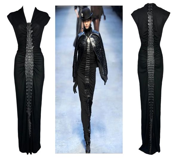 F/W 2010 Hermes by Jean Paul Gaultier Runway Black Bodycon Full Crocodile Maxi Dress