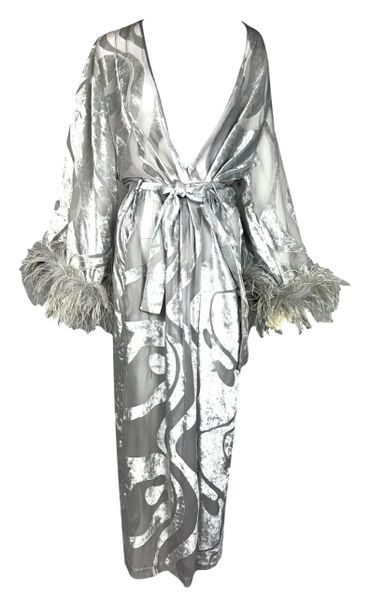 Vintage 1990's Valentino Sheer Silver Velvet & Feathers Robe Coat