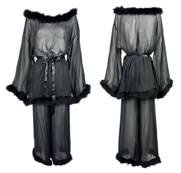 NWT F/W 1991 Dolce & Gabbana Sheer Black Silk & Feathers Mini Dress & Wide Leg Pants Set