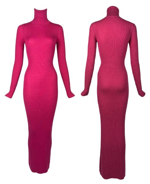 F/W 1998 Christian Dior by John Galliano Runway Hot Pink Knit Turtleneck Bodycon L/S Maxi Dress