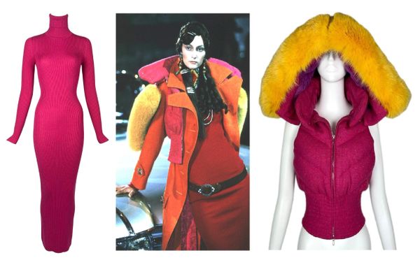 F/W 1998 Christian Dior by John Galliano Runway Hot Pink Maxi Dress & Fox Fur Hooded Vest Jacket