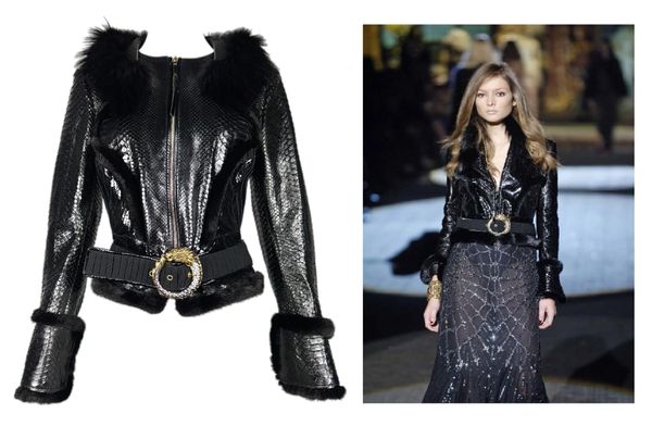 F/W 2006 Roberto Cavalli Runway Black Python & Mink Fur Fitted Jacket w Serpent Belt