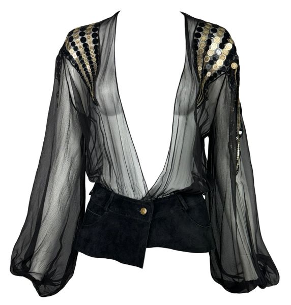 F/W 2001 Christian Dior by John Galliano Sheer Black Plunging Silk Gypsy Leather Waist Top