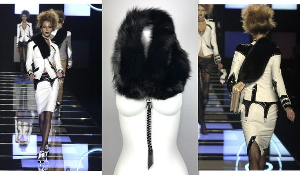 S/S 2004 Christian Dior by John Galliano Runway Black Fox Fur Collar Shawl Purse Strap