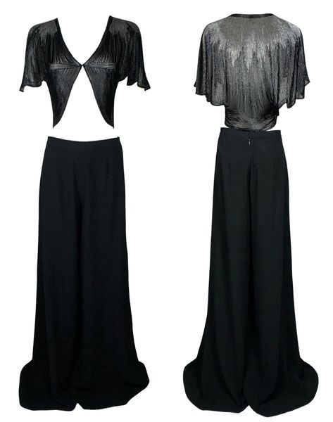 F/W 2000 Ralph Lauren Collection 1940's Old Hollywood Style Sheer Black Beaded Crop Top & Wide Leg Pants Set