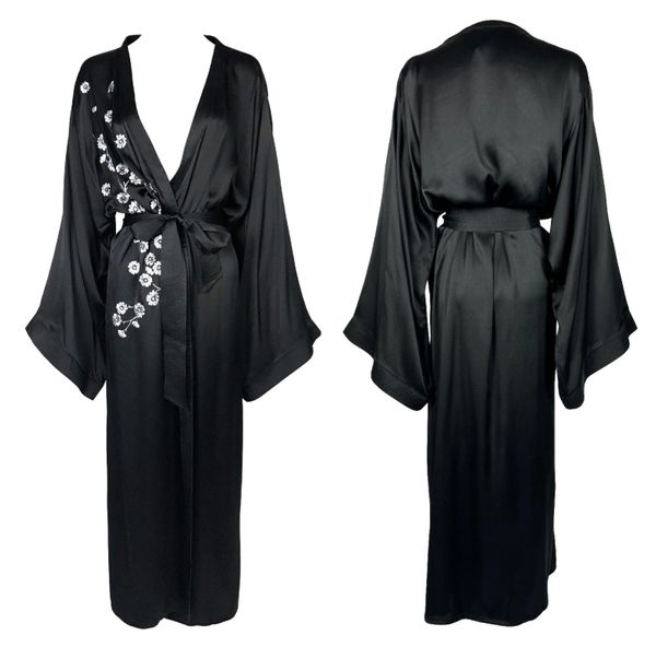 2000's Christian Dior by John Galliano Black Silk White Cherry Blossom Kimono Robe