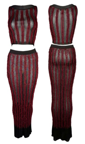 F/W 1999 Christian Dior by John Galliano Sheer Brown & Red Fringe Knit Crop Top & Maxi Skirt Set