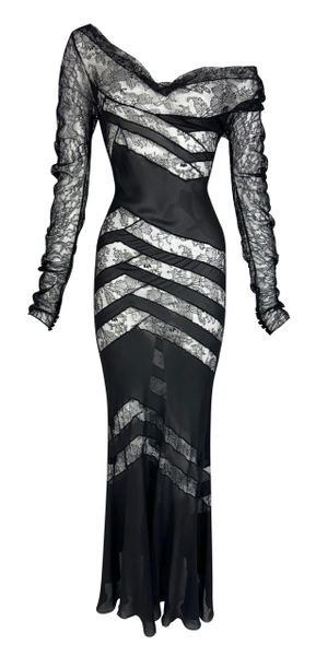 F/W 2004 Christian Dior by John Galliano Sheer Black Silk & Lace L/S Mermaid Gown Dress