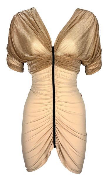 2008 Balenciaga by Nicolas Ghesquière Sheer Nude & Gold Ruched Mini Dress