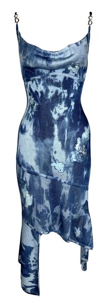 F/W 2000 Christian Dior by John Galliano Blue Tie Dye Asymmetrical Lace Gold Logo Strap Dress