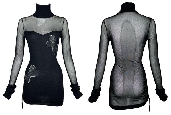 F/W 2005 John Galliano Sheer Black Mesh L/S Turtleneck Mini Dress