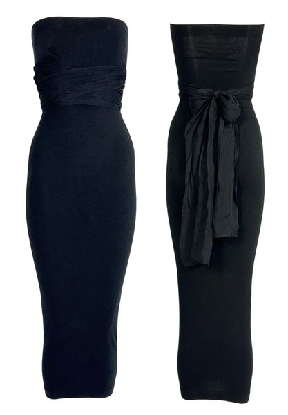 F/W 1991 Dolce & Gabbana Black Strapless Bodycon Wiggle Maxi Dress w Silk Sash Belt