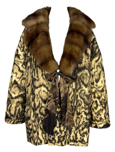 1990's Gianfranco Ferre Fur Print Puffer Coat Jacket w Sable Fur Collar