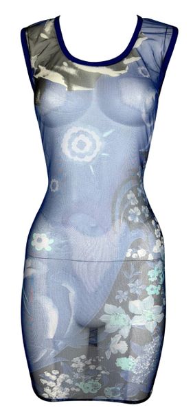 S/S 1994 Gianni Versace Instante Sheer Blue Floral Stretch Mesh Bodycon Mini Dress