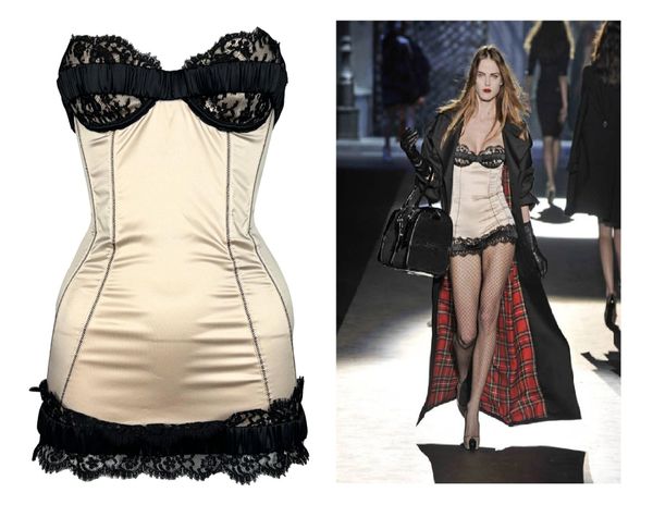 F/W 2008 Dsquared2 Runway Pin-up Stretch Champagne Satin & Black Lace Strapless Mini Dress