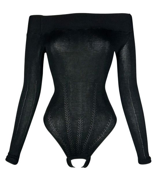 2003 Alexander McQueen Black Off Shoulder L/S Crotchless Bodysuit Top