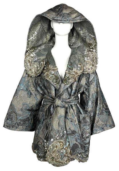 F/W 1990 Gianfranco Ferre Runway Blue & Silver Crystal Embroidered Hooded Kimono Coat