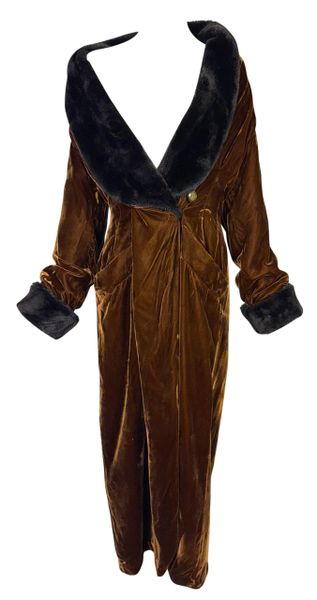 Vintage 1990's Valentino 1930's Style Bronze Velvet Faux Fur Robe Coat Dress