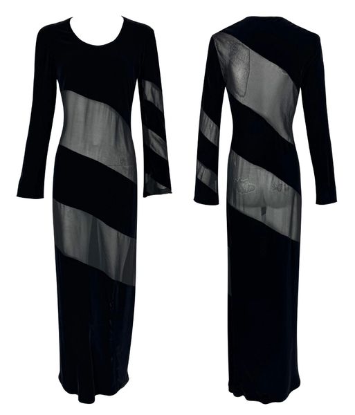 Vintage 1990's Jil Sander Sheer Black Velvet Striped L/S Maxi Dress