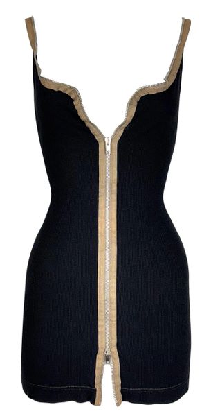 Vintage S/S 1992 Maison Martin Margiela Black Ribbed Zip Front Micro Mini Dress