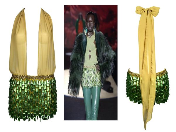 F/W 2003 Roberto Cavalli Runway Sheer Green Silk Embellished Plunging Mini Dress