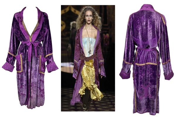 F/W 2004 Roberto Cavalli Runway Purple Velvet Gold Embellished Robe Coat