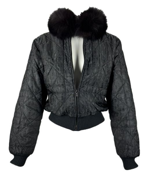 F/W 1998 Christian Dior by John Galliano Black Logo Monogram Fitted Puffer Coat Jacket w Fox Fur Collar