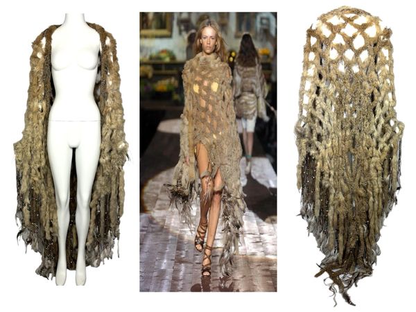 S/S 2005 Roberto Cavalli Runway Native American Fox Fur Crystal Embellished Fringe Large Shawl Coat Wrap