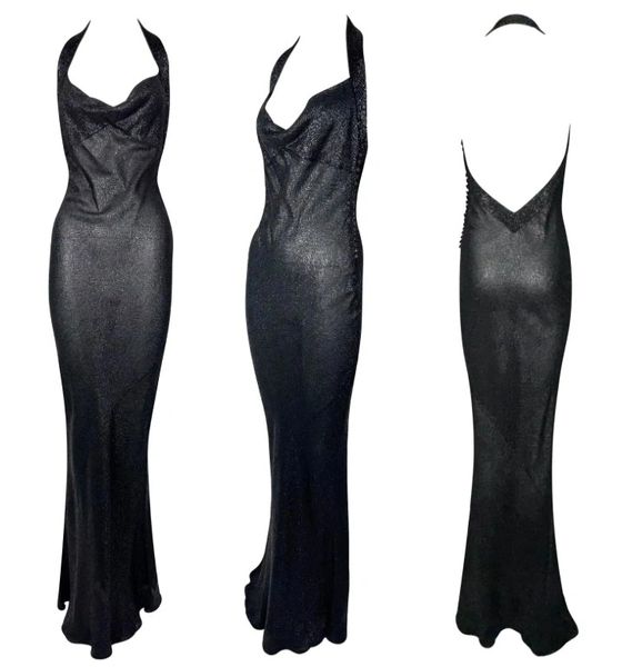 F/W 1999 Christian Dior by John Galliano Sheer Metallic Black Beaded Gown Dress