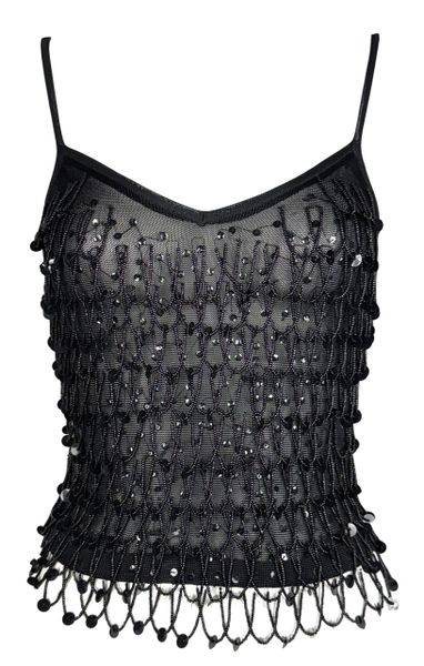 S/S 2001 Christian Dior by John Galliano Sheer Black Knit Beaded Fringe Tank Top