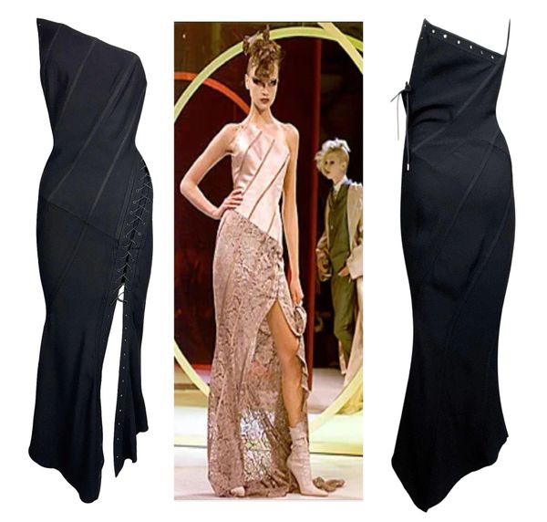 S/S 2000 John Galliano Black Strapless Corset High Slit Maxi Dress