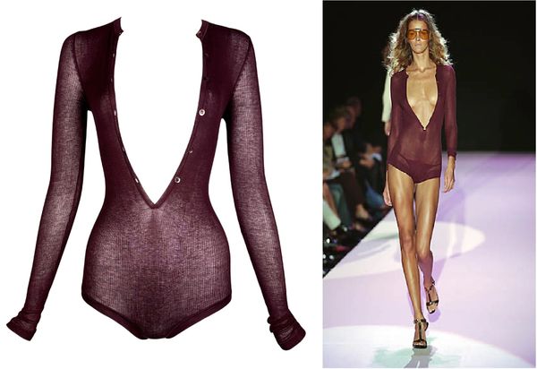 S/S 2002 Gucci by Tom Ford Runway Sheer Burgundy Plunging Bodysuit Top