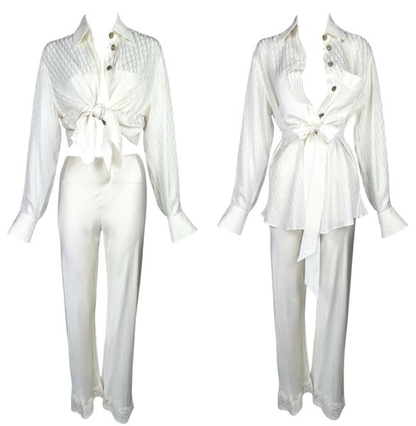 Vintage 1998 Christian Dior by John Galliano Ivory Silk Logo Monogram Button Down Shirt & Lace Flared Pants Set