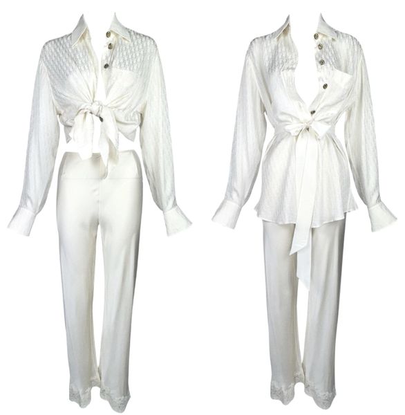 Vintage 1998 Christian Dior by John Galliano Ivory Silk Logo Monogram Button Down Shirt & Lace Flared Pants Set